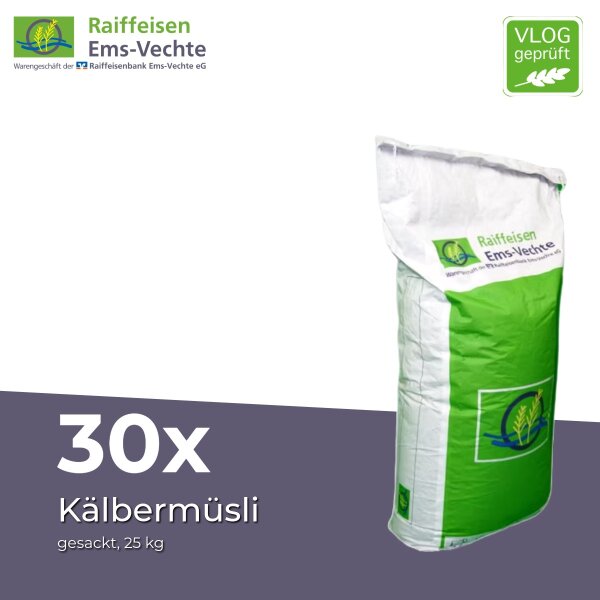 Kälbermüsli 30 x 25 kg - Ergänzungsfuttermittel für Kälber ohne Gentechnik, Vlog geprüft