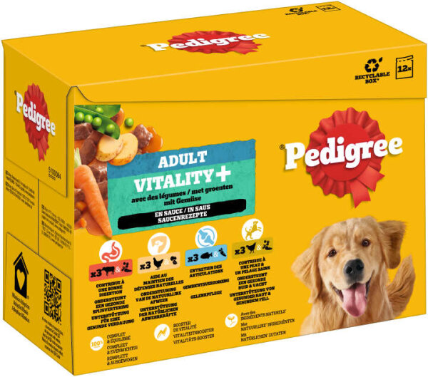 PEDIGREE Vitality+ Multipack Nassfutter für Hunde 12 x 85g – 4 Varietäten