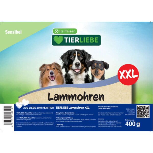TIERLIEBE Hundeleckerlis Lammohren XXL 400 Gramm
