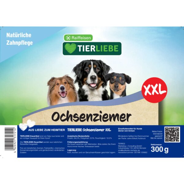 TIERLIEBE Hundeleckerlis Ochsenziemer XXL 300 Gramm