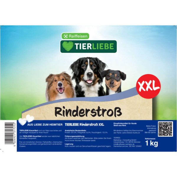TIERLIEBE Hundeleckerlis Rinderstroß XXL 1 kg